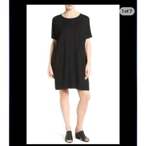 Eileen Fisher Black Asymmetrical Hem Short Sleeve Shift Midi Dress Womens M